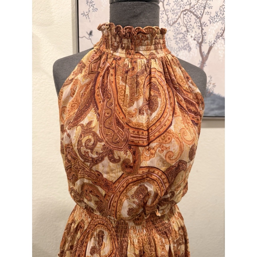 Taylor Paisley‎ Chiffon Maxi Dress Halter Ruffle Smocked Brown Orange Beige 10 - Picture 2 of 5